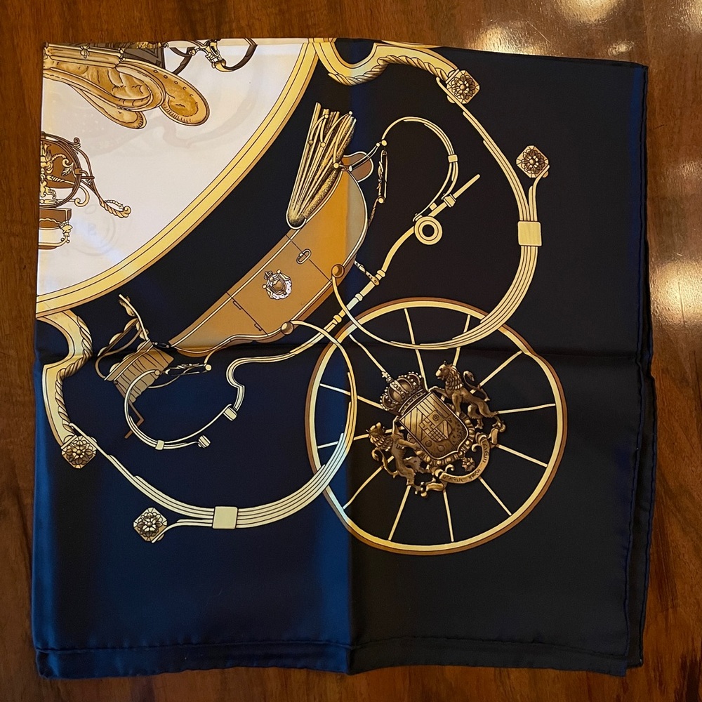 Hermes Vintage Spring Carriage Silk Scarf Navy